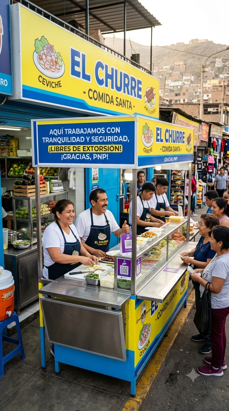 Puesto de comida en un mercado de SMP con clientas y vendedores